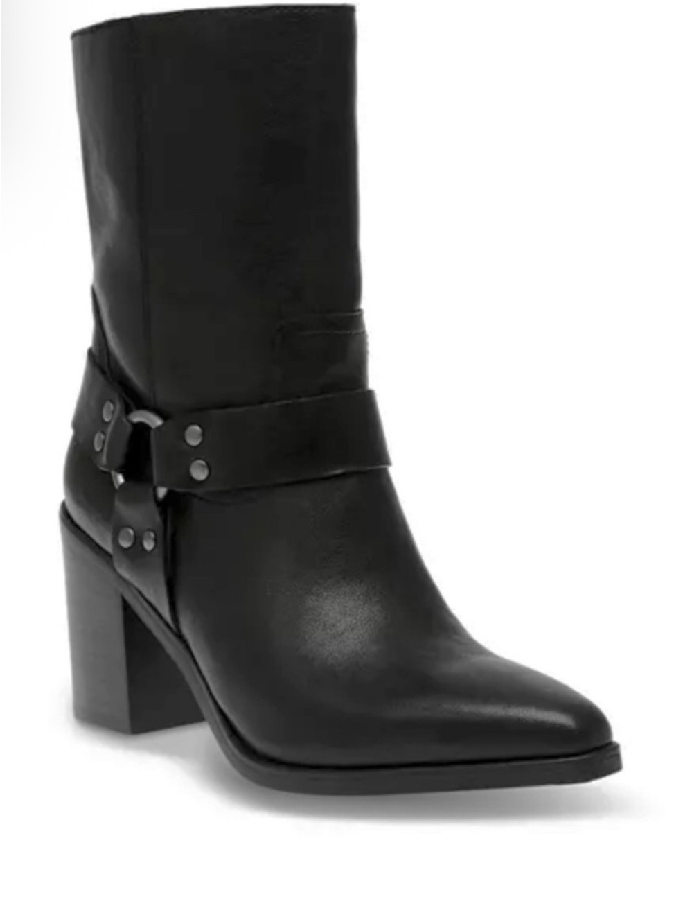 Steve Madden Black Leather Mid-Calf Block Heel Harness Boots
